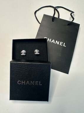 Chanel Silver-Tone Crystal CC Logo Stud Earrings